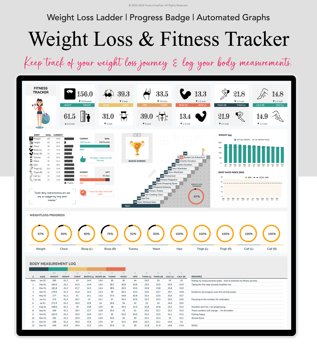 Weight Loss & Fitness Tracker Google Sheets Planners Productivity Pad