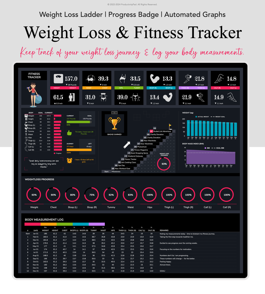 Weight Loss & Fitness Tracker Google Sheets Planners Productivity Pad