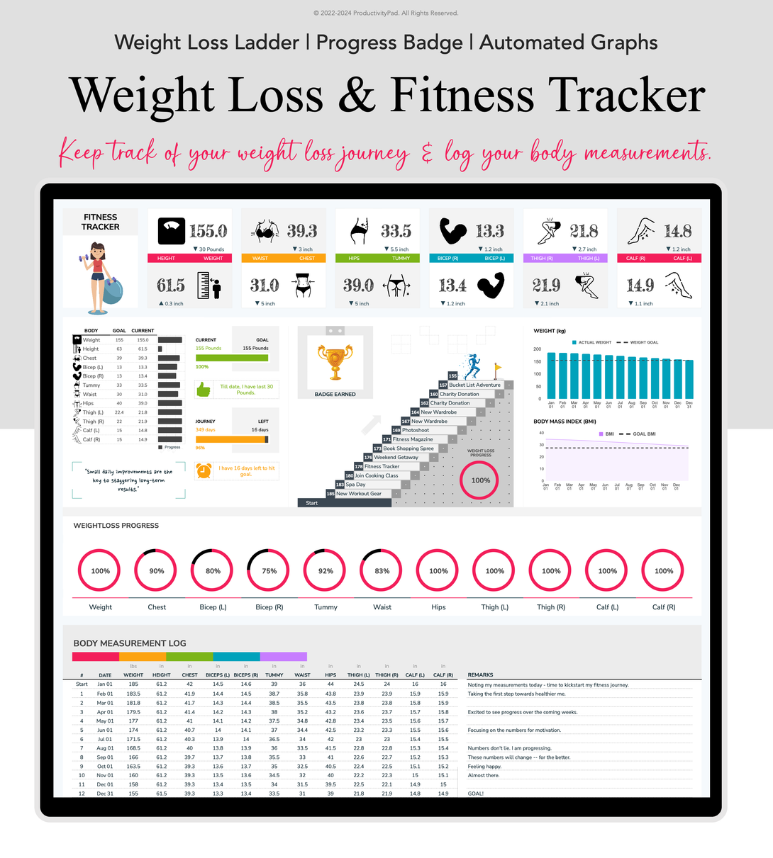 Weight Loss & Fitness Tracker Google Sheets Planners Productivity Pad